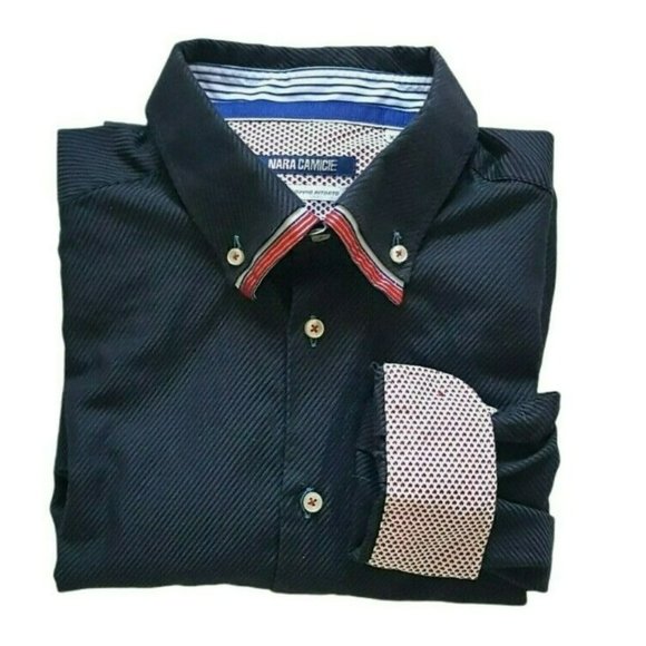 NARACAMICIE Men's XL Button Down Designer Dress Shirt Red White Blue Gray Italy - Picture 2 of 8